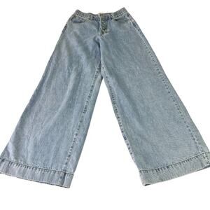 Forever 21 Jeans Women's Light Wash Wide Leg High Rise Exposed Buttons Elastic